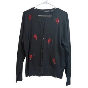 Crystal Kobe Black Cardigan Sweater Red Sequin Cardinals Button Front XL